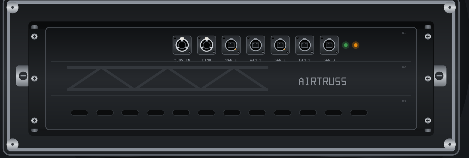 AirTruss Core Rack front panel — all-Neutrik connectors (230 V IN, LINK, WAN 1–2, LAN 1–3) with status LEDs