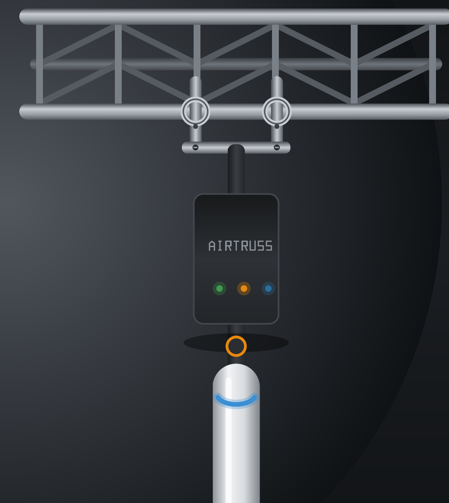AirTruss One hanging under a horizontal truss chord — the sealed enclosure with status LEDs and the access point below